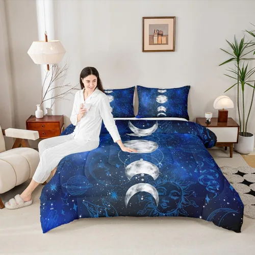 Miniatura 25 de Juego de edredón de champiñones para niños, tamaño individual, juego de ropa de cama romántica con sol, luna, cielo estrellado y galaxia, decoración