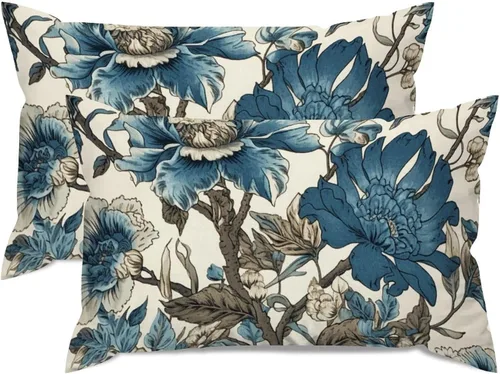 Chinoiserie Hamptons Style Floral Rectangular Cushion Cover Set of 2 Ethnic Style Pillow Cover 16x26in Decorative Pillow Home Cotton Linen Vintage