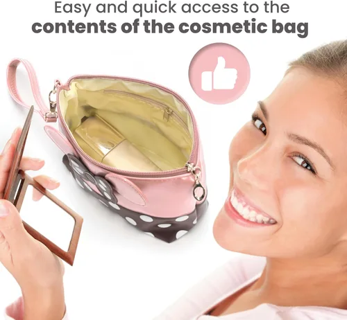 Miniatura 6 de Bolsa de maquillaje rosa murina, bolsas de cosméticos rosadas, organizador de artículos de tocador con lunares blancos, organizador de maquillaje