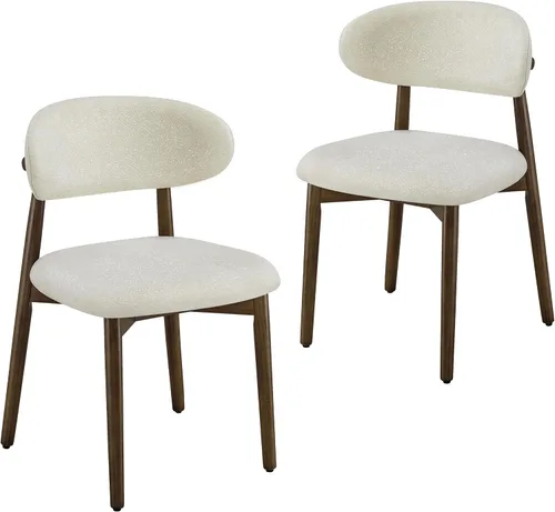 Farmhouse Dining Chairs Set of 2, Mid Century Modern Upholstered Kitchen Chairs, Wooden Dining Room Chair with Curved Back&Dark Walnut Legs for