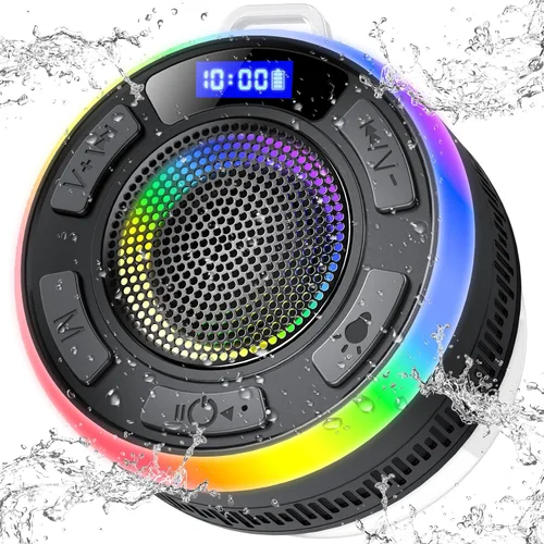 Altavoz Bluetooth de ducha IPX7 impermeable, altavoces Bluetooth portátiles con ventosa y pantalla de tiempo, sonido de cristal y luz LED de graves