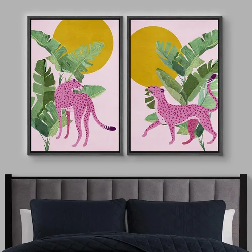 Miniatura 2 de IDEA4WALL - Set de lienzos enmarcados para pared, diseño tropical, selva, hoja de plátano, guepardo rosa, gato, naturaleza, desierto, arte digital