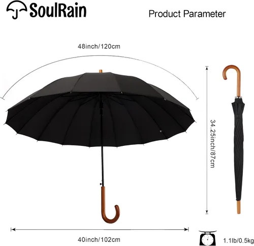 Miniatura 64 de SoulRain Paraguas de palo de 16 varillas de 48 pulgadas, apertura automática, color sólido, moderno y simple, mango de madera clásico de arco
