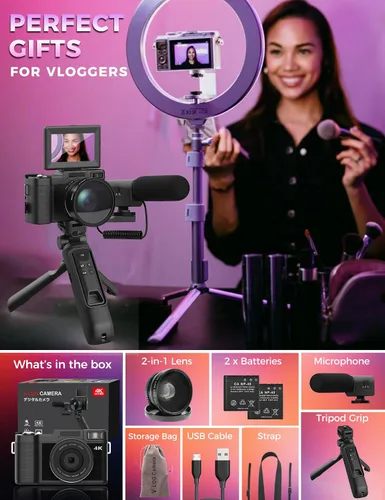 Miniatura 6 de Cámara digital con kit de accesorios de creador, cámaras de fotografía 4K, cámara de control remoto de 48 MP para principiantes, pantalla abatible