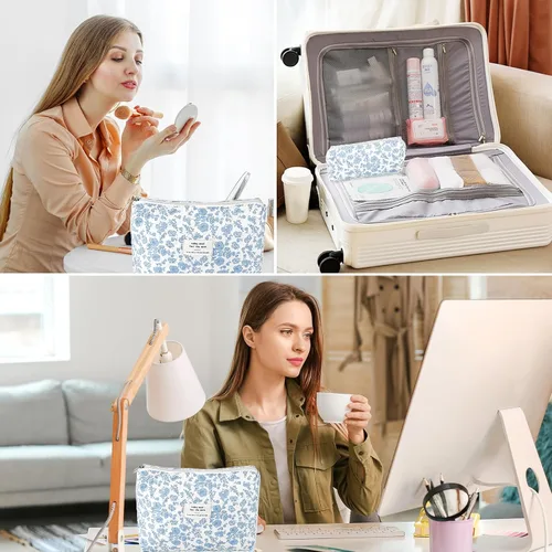 Miniatura 4 de 2 bolsas de maquillaje acolchadas de algodón para viaje, bolsa grande y pequeña para mujeres, bolsas de maquillaje de coqueta floral, bonita bolsa