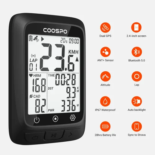 Miniatura 2 de COOSPO Ordenador de bicicleta GPS inalámbrico, ANT+ Ciclismo GPS con Bluetooth, multifuncional ANT+ computadora de bicicleta GPS con pantalla LCD
