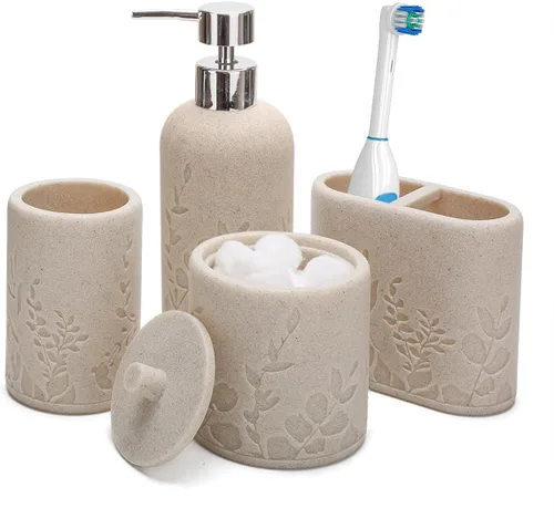 Aksipo - Juego de accesorios de baño beige, 4 piezas de conjunto de accesorios de baño de resina resistente, dispensador de jabón de manos, juego de