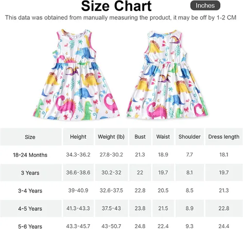 Miniatura 6 de PATPAT Toddler & Baby Girl Dresses Sleeveless Dinosaur & Ruffled Bowknot Tank Dresses for Kids, 18-24 Months to 5-6 Years