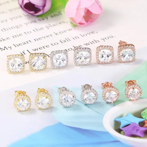Miniatura 2 de Udalyn 6 pares de aretes tipo halo para mujer chapados en oro blanco de 18 quilates y oro rosa redondos cuadrados con circonita cúbica brillante