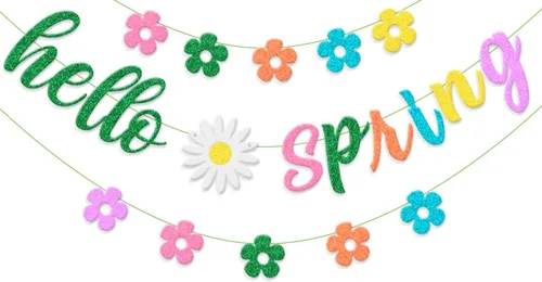 Bandera de Hello Spring, guirnalda colorida de flores de primavera con purpurina, decoraciones de fiesta de primavera para primavera, Pascua,