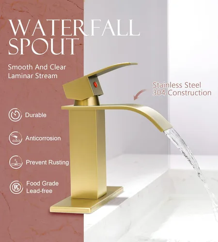 Miniatura 3 de Grifos de baño dorados, modernos de un solo agujero, boquilla de cascada de oro cepillado con ensamblaje de drenaje y manguera, acero inoxidable 304