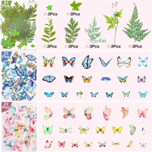 Miniatura 6 de 297 calcomanías de mariposa de flores secas prensadas para resina, flores secas naturales reales, hojas a granel con pinzas para suministros de 297