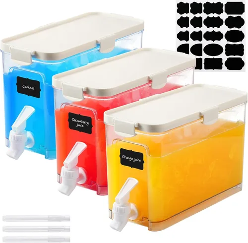 Miniatura 8 de Mumufy Juego de 3 dispensadores de bebidas de plástico para fiestas, dispensador de bebidas para refrigerador con espita recipiente de limonada