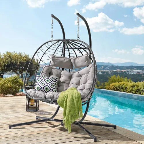 Patiorama Silla Columpio de Huevo Doble para 2 Personas con Soporte para Interiores y Exteriores, Silla Colgante de Huevo de Mimbre de Ratán para