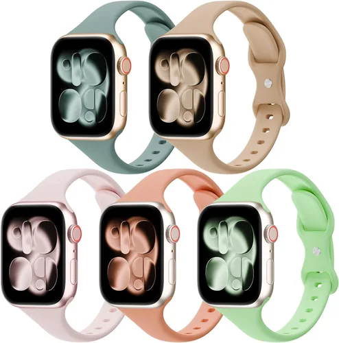 Miniatura 22 de Paquete de 5 bandas de silicona delgadas compatibles con Apple Watch de 38mm 42mm 40mm 44mm 41mm 45mm 46mm 49mm, correa deportiva estrecha y delgada