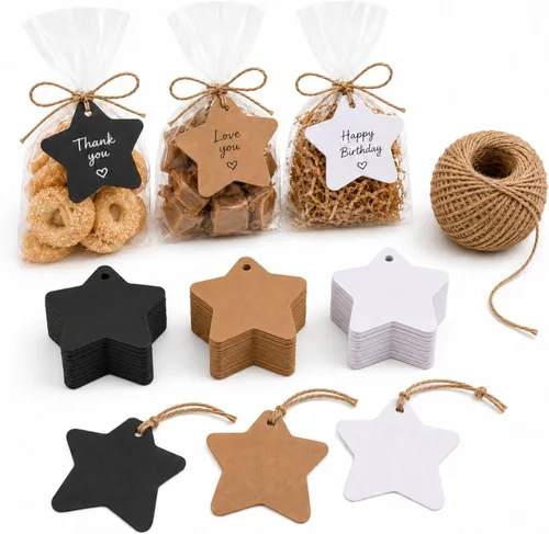 Miniatura 10 de Etiquetas de regalo de papel kraft de 150 quilates con StringTwine negro, blanco, marrón, juego a granel (festoneadas)