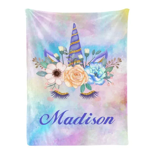 Manta de vellón personalizada para niños con nombre, manta de bebé personalizada con flores de unicornio para cama (30 x 40 pulgadas)