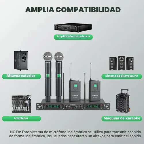 Miniatura 7 de Phenyx Pro Sistema de micrófono inalámbrico, juego de micrófono inalámbrico UHF de 4 canales con micrófonos de mano/bodypack/auricular