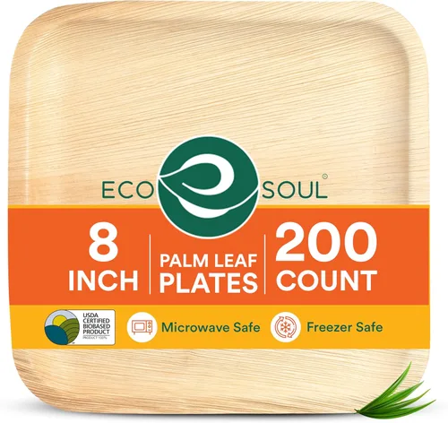 Miniatura 9 de ECO SOUL Platos de Hoja de Palma de 8" (100 Unidades) Platos Cuadrados Compostables de Bambú Extra Resistentes, Vajilla Biodegradable Ecológica