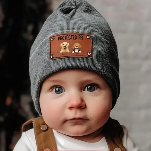Miniatura 4 de Gossby Gorro de bebé personalizado con parche de cuero vegano para niño y niña, protegido por - Regalo personalizado para recién nacido, niño