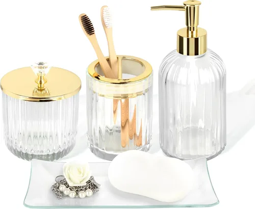Miniatura 8 de Kukikan Juego de accesorios de baño de cerámica, 4 piezas - Incluye dispensador de jabón y loción, soporte para cepillo de dientes, bandeja