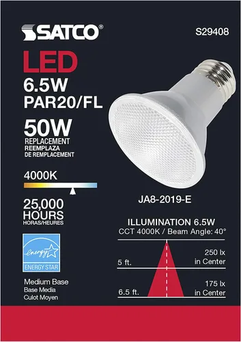 Miniatura 6 de Satco Focos reflectores LED PAR20 de 6.5 vatios y 120 voltios; blanco frío 4000 K; 520 lúmenes; ángulo de haz de 40 grados; base media E26 regulable