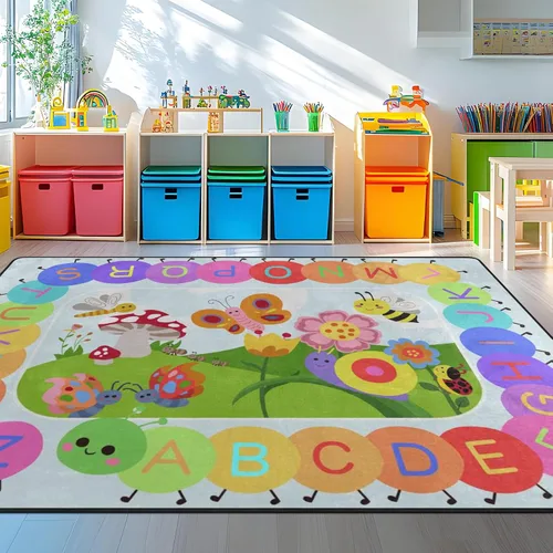 Miniatura 7 de Alfombra para Niños, Alfombra de Oruga Arcoíris ABC Letras del Alfabeto Tapete Educativo - 5x7 Pies Alfombra de Área de Aprendizaje con Respaldo