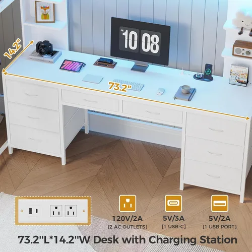 Miniatura 5 de ADORNEVE Cama tipo loft de tamaño completo con escritorio y 8 cajones de almacenamiento, camas loft de metal completas con luces LED y estación