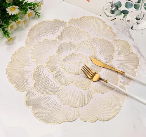 Miniatura 10 de Juego de 6 manteles individuales redondos dorados, manteles individuales de vinilo prensado floral lavable para mesa de comedor, boda, decoración