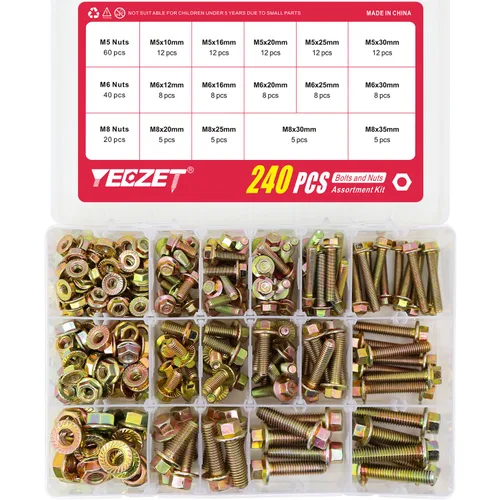 Miniatura 2 de Kit de 240 piezas de pernos y tuercas con brida de grado 8.8 M5 M6 M8, pernos hexagonales métricos con brida y tuercas, incluye 14 tamaños más