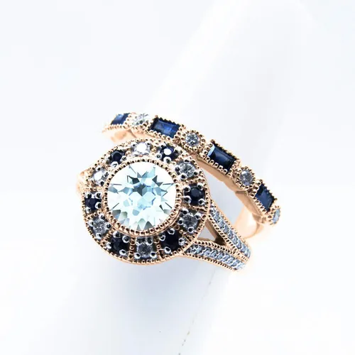 Miniatura 5 de Dazzlingrock Collection 6mm Centre Round Gemstone with Round White Diamond & Baguette Alternating Blue Sapphire Halo Miligrain Wedding Ring Set for