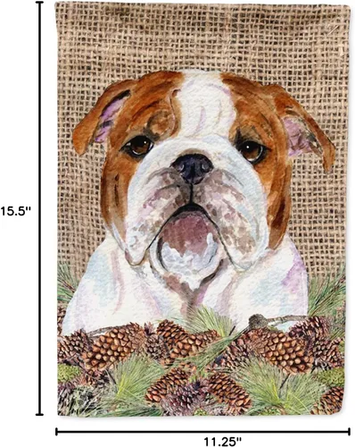 Miniatura 7 de Caroline's Treasures SS4075GF - Bandera decorativa para patio exterior, diseño de bulldog inglés sobre arpillera sintética con conos de pino