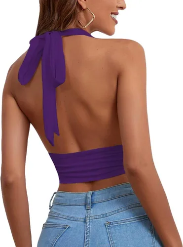 Miniatura 2 de Rooscier Top corto sin mangas con cuello en V profundo para mujer, espalda descubierta