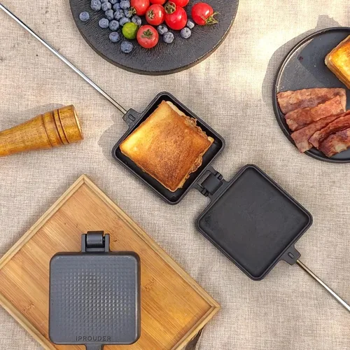 Miniatura 2 de Campfire Pie Iron - Sandwichera grande de hierro fundido de 4.9 pulgadas para camping, 2 piezas con bolsa de almacenamiento, asas gruesas de 22.6