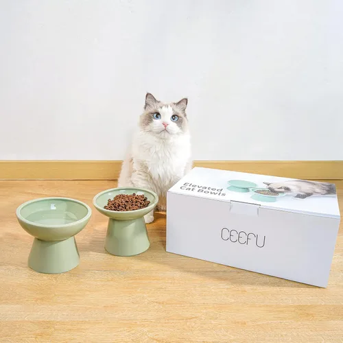 Miniatura 8 de CEEFU 2 cuencos elevados de cerámica para gatos extra anchos para alimentos y agua, plato de comida poco profunda, sin plomo ni cadmio, altura Verde