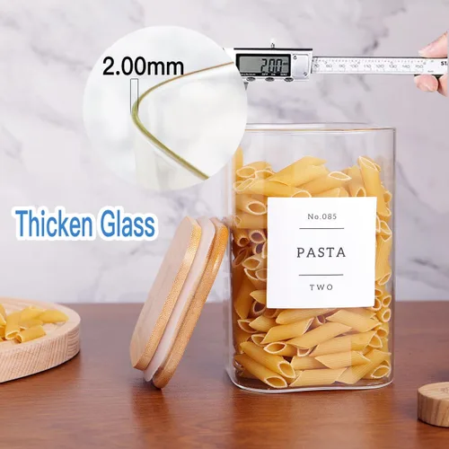 Miniatura 6 de CZZGSM Paquete de 6 tarros cuadrados de almacenamiento de cocina con tapas herméticas de bambú y 132 etiquetas de despensa, recipientes de vidrio