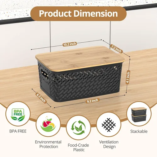 Miniatura 2 de Contenedores de almacenamiento de plástico con tapas de bambú, canastas pequeñas apilables para organización y contenedores para estantes, cajones