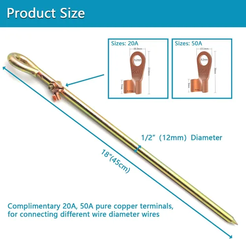 Miniatura 2 de Varilla de tierra portátil - Pasador de tierra con terminal de cable de tierra Ideal para cercas eléctricas, Fenerador, antenas, parabólicas