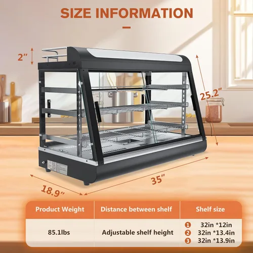 Miniatura 2 de Calentador de alimentos comercial de 3 niveles de 35 pulgadas con estante superior para leche y jugo, gabinete calentador de mostrador