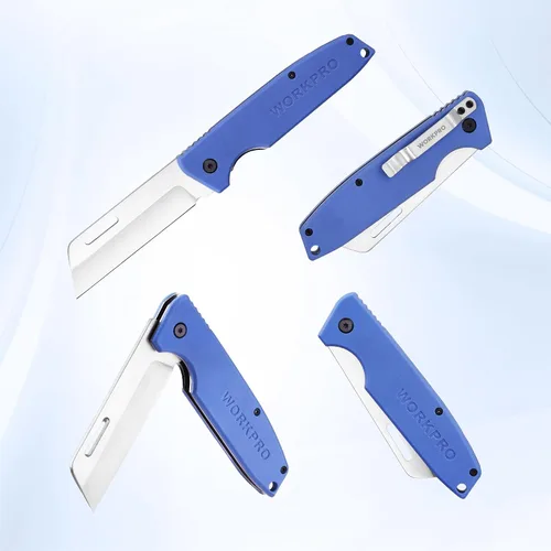 Miniatura 8 de WORKPRO Cúter, cuchillo de bolsillo plegable para electricista con filo liso de acero inoxidable para pelado de cables para electricistas
