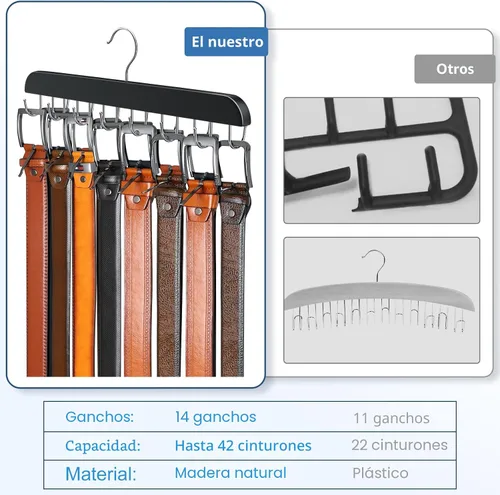 Miniatura 3 de Percha de cinturón para armario Max 42 cinturones, accesorios de armario de madera resistente con 14 ganchos, organizador de cinturón