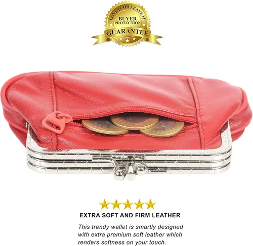 Miniatura 5 de Monedero de cuero con doble cierre de cremallera para mujer 5 14 pulgadas x 3 14 pulgadas Rojo billetera estilizada