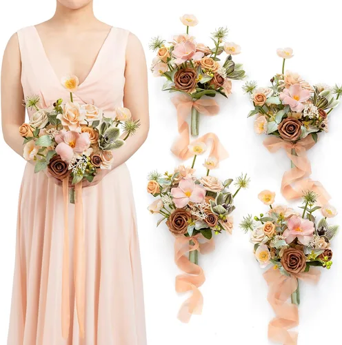 Miniatura 32 de Ling's moment Flores Artificiales Ramo de Damas de Honor Naranja Quemado Juego de 4, Ramos de Flores de Boda para Damas de Honor, Ramos Nupciales