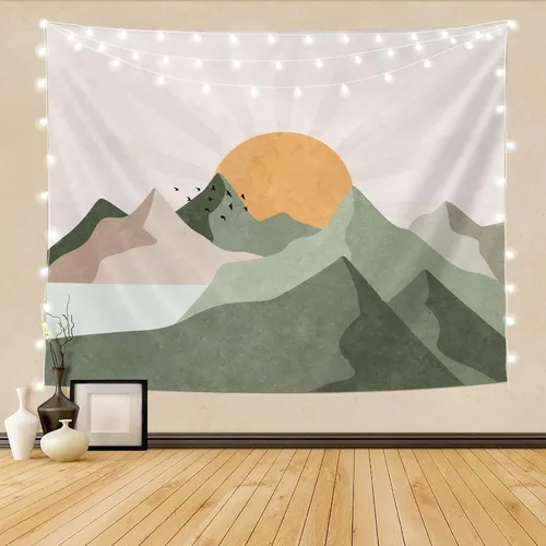 SUOTEMEIFEI Tapiz bohemio verde salvia con sol de montaña, arte simple, paisaje de puesta de sol, paisaje, abstracto, estético, decoración de pared,