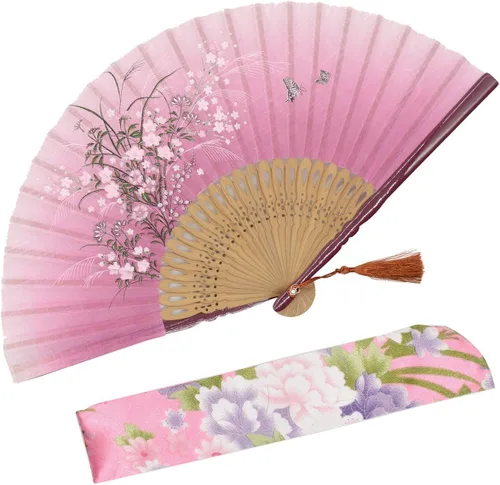 Miniatura 10 de OMyTea, abanico desplegable con motivo de flores de yuyos (8.27 pulgadas - 21 centímetros) con funda de tela para protección, estilo chino/japonés