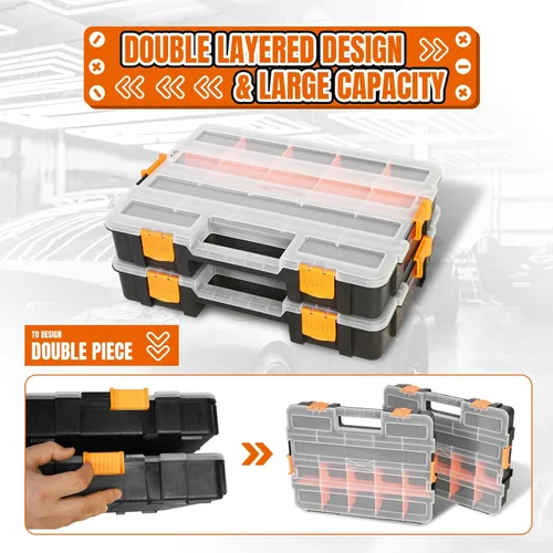 Miniatura 6 de Jack Boss Caja de herramientas con tapa transparente, caja organizadora de 17 compartimentos de un solo lado con divisores extraíbles para herrajes
