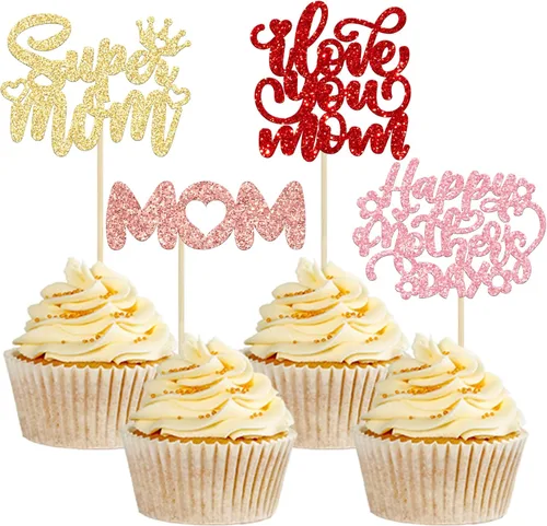 Miniatura 19 de Gyufise 1 pieza de decoración de pastel para el Día de la Madre con purpurina de corazón Love You Mom Cake Pick Rose Flower Best Mom Cupcake Decor