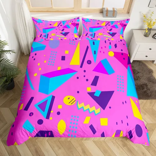 Miniatura 13 de Juego de funda de edredón retro de los años 80 y 90 para hombres y niños, tamaño matrimonial, con formas geométricas redondas triangulares, funda