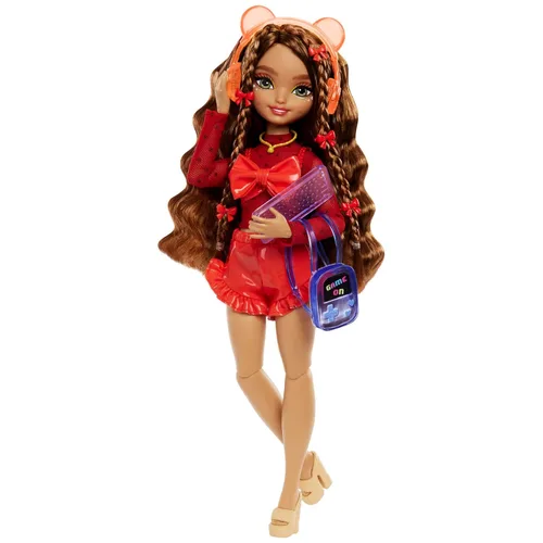 Set de juego Barbie Dream Besties, muñeca posable Teresa de moda con cabello castaño y pinzas para el cabello, 10 accesorios temáticos de videojuegos