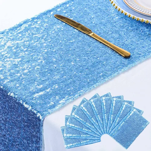 Miniatura 32 de ShinyBeauty Camino de mesa de lentejuelas de 12 x 108 pulgadas, color azul bebé, camino de mesa de lentejuelas con purpurina para fiestas, cubierta